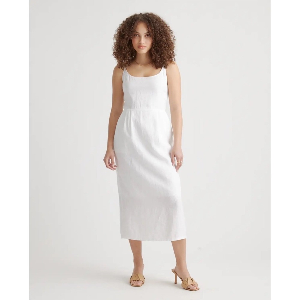 Quince White Linen Midi Dress Scoop Neck Sleeveless Smocked Back M